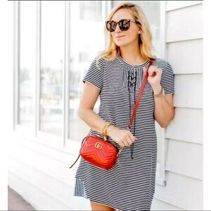 Cabi Sz M Navy Blue White Striped Lace Up Nautical Shift Dress Summer Beach